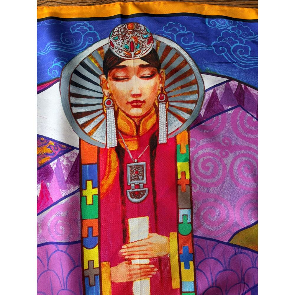 100% Silk Scarf Multicolor Art Print Rolled Hem Square Statement - Picture 2 of 7